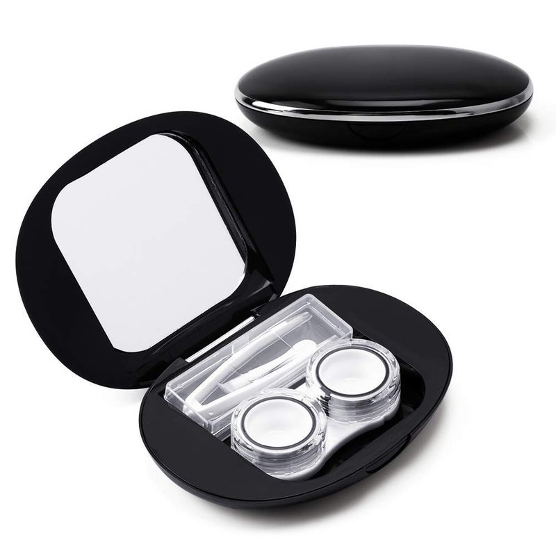 ofone Contact Lens Case, Cute Contact Lens Holder Oval Contact Lenses Travel Case with Removal Tool Mirror and Tweezers Contacts Container Storage Kit for Women and Girl (Black) - Image 1